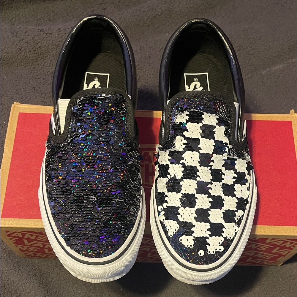 Vans Black Sequin and Checkered Slip-On Sneakers